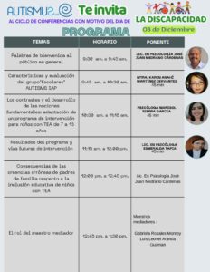 AUTISMUS TE INVITA AL CICLO DE CONFERENCIAS CON MOTIVO DEL DIA DE LA DISCAPACIDAD…NO TE LO PUEDES PERDER 3 DE DICIEMBRE 9:00 AM